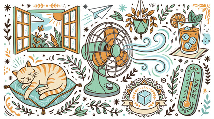 Fototapeta premium Summer and breeze vector icons with fan, open window and iced tea for seasonal home design in hand drawn colorful style