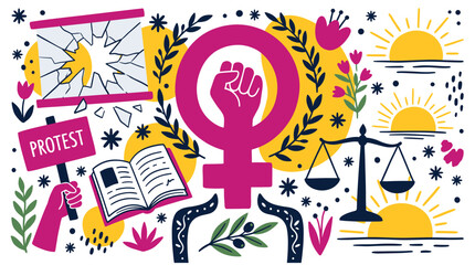 Fototapeta premium Feminism and social justice concept icons with protest sign, female symbol and scale for presentation design illustration
