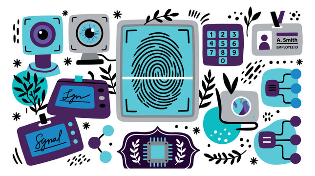 Security and technology vector icons with fingerprint, camera, ID card for web dashboard in modern flat design