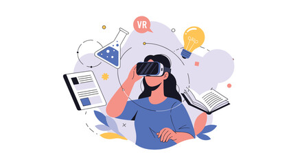 Obraz premium Young woman wearing a virtual reality headset to explore educational topics like science, chemistry, and reading.