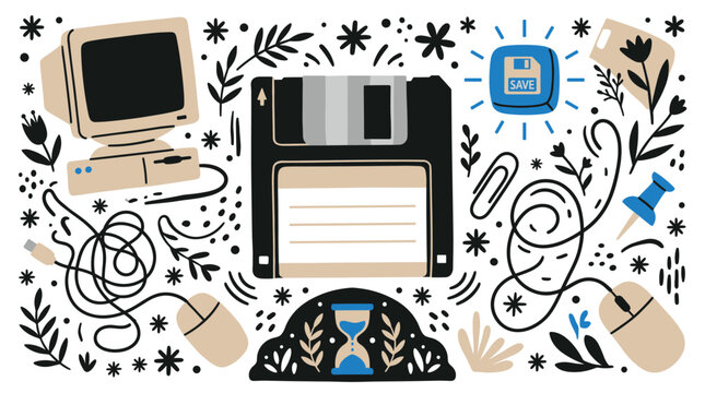 Vintage computer and technology vector icons with floppy disk, mouse and monitor for retro tech infographic in flat illustration