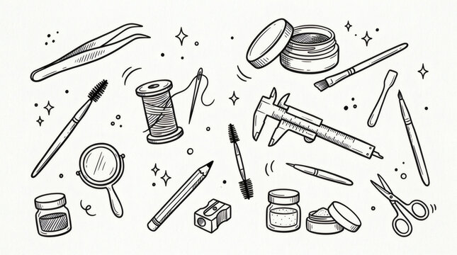 Set of playful hand drawn brow artist illustrations. Doodle drawings of tweezers, brow brushes, henna pots, calipers and thread spools. Clean line art in retro style, isolated on white background