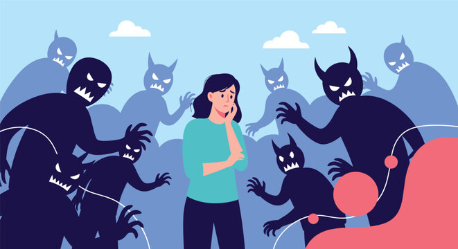 Anxious woman standing confused and scared while surrounded by dark shadow monsters representing fear or anxiety.