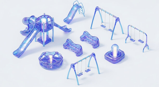 Futuristic 3d translucent purple playground equipment set featuring slides and swings in a glossy isometric digital art style