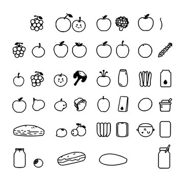 24 food icons set with black and white icons arranged in a 6x4 grid on white background featuring fruits, vegetables, dairy with minimalist and flat design