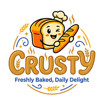 Crusty freshly baked bread logo with happy character holding baguette