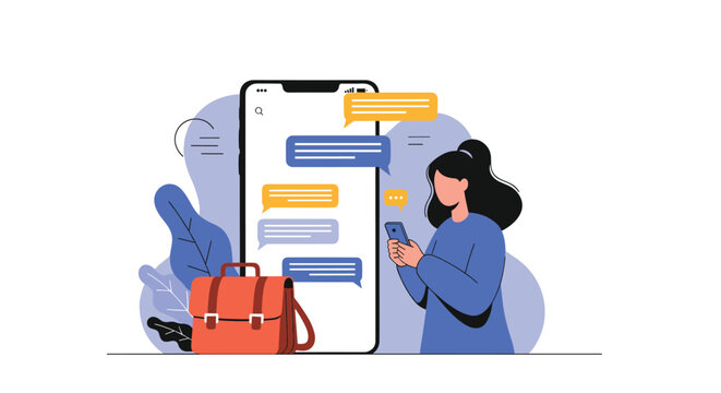 Professional young businesswoman using a smartphone chat app to communicate with remote clients or job recruiters.