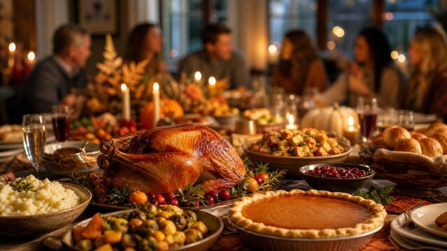 Warm and cozy Thanksgiving holiday dinner table with a roasted turkey, pumpkin pie, and side dishes, with a family gathering blurred in the background.
