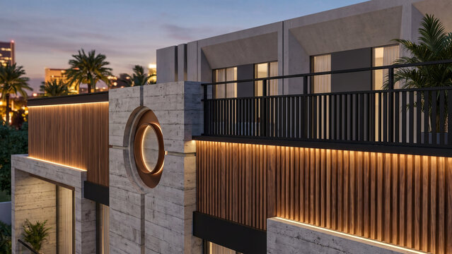 Elegant Wood & Concrete Parapet
"Contemporary rooftop parapet wall combining exposed concrete texture, walnut wood finish panels, indirect golden LED illumination, decorative circular feature, black m