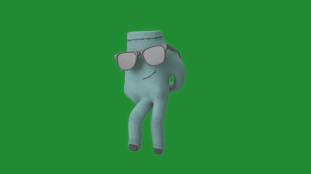 Funny 3D dancing character wearing sunglasses on green screen, cartoon tooth ghost animation chroma key background