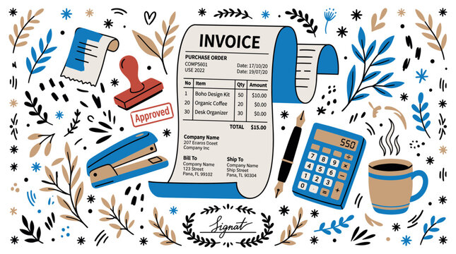 Finance and office vector icons with invoice, calculator and stapler for business infographic in doodle illustration