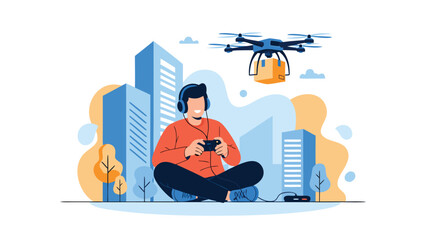 Fototapeta premium Young tech enthusiast operating modern cargo delivery drone using controller while sitting in smart modern city.