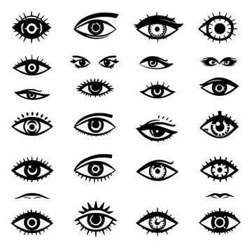 Eyes set with 24 stylized compositions arranged in a 6x4 grid featuring geometric patterns, minimalistic line detailing, black and white illustration with bold lines and creative motifs
