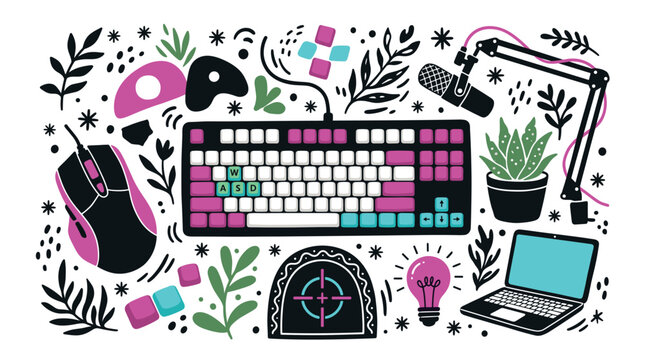 gaming and technology vector icons with keyboard, mouse and microphone for web interface design in flat illustration style