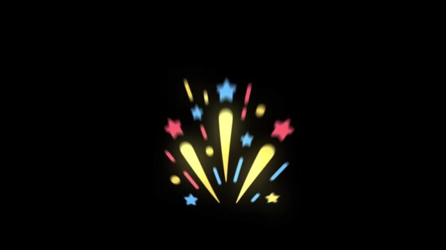 Colorful star fireworks explosion animation on black background, celebration party burst with confetti and alpha channel