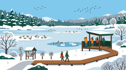 Winter Bird Watching Lakeside Snowy Landscape with People and Wildlife © Muji