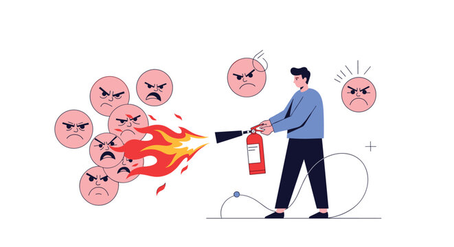 Brave man using red fire extinguisher to put out flames of angry faces representing conflict resolution.