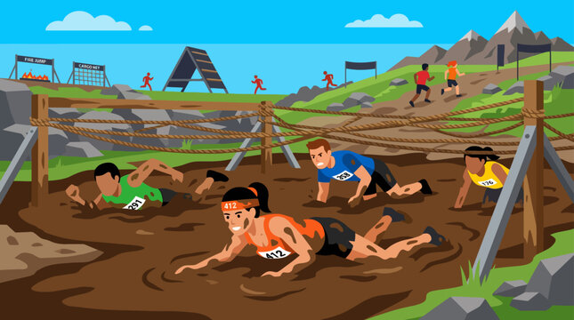 Mud Run Obstacle Course: People Crawling Through Mud, Extreme Sports Challenge