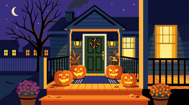 Halloween porch with carved pumpkins, autumn leaves, and moonlit night