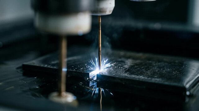 Electrical discharge machining sparks cutting a steel workpiece