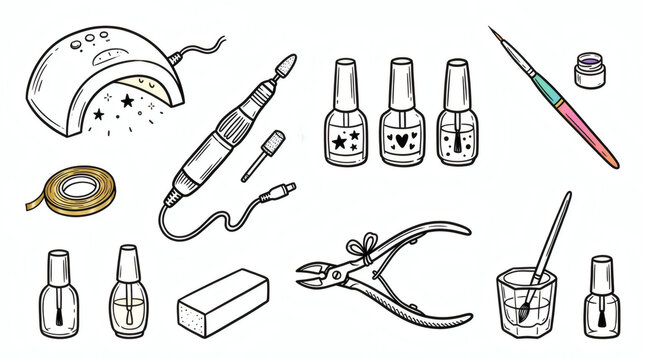 Set of playful hand drawn nail art illustrations. Doodle drawings of uv lamps, nail drills, gel bottles, fine liners and cuticle nippers. Clean line art in retro style, isolated on white background