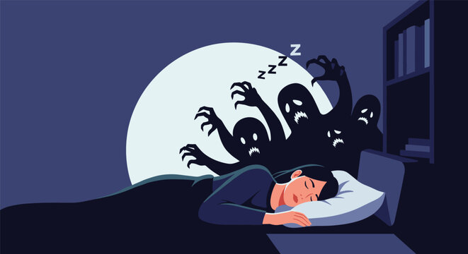 Young woman suffers from terrible nightmares and sleep paralysis as dark scary monsters loom over her bed at night.