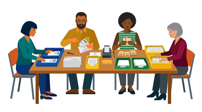 Diverse team sorting mail and envelopes at a long table, office work, administrative tasks.
