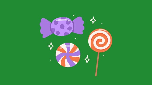Colorful Halloween candy and lollipops cartoon animation asset on green screen chroma key background