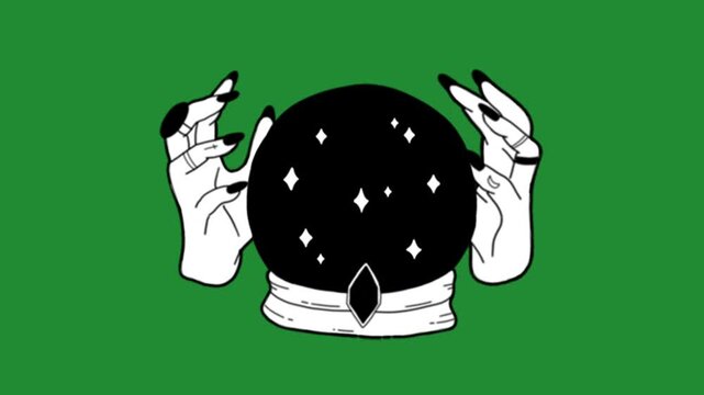 Witch hands holding a magical crystal ball with stars cartoon animation on green screen chroma key background
