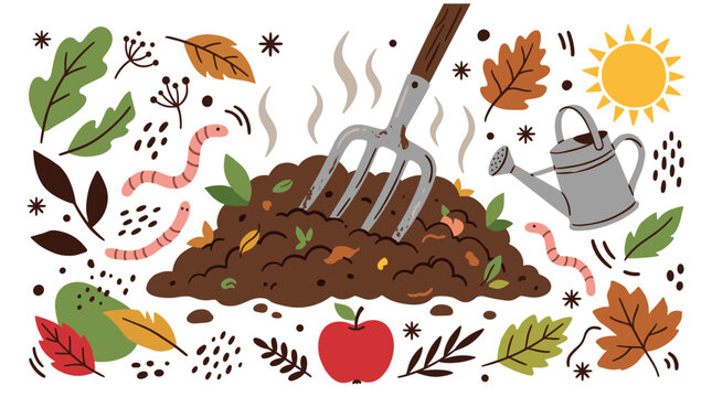 Gardening and composting vector icons with fork, earthworms and watering can for infographic design in colorful illustration