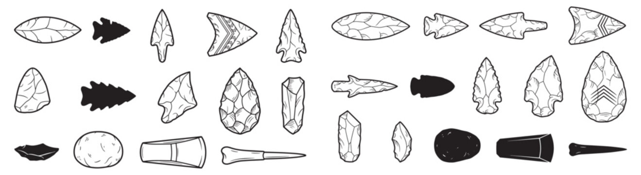 Stone Arrowheads and Prehistoric Stone Tools Line Art Illustration of Flint Artifacts
