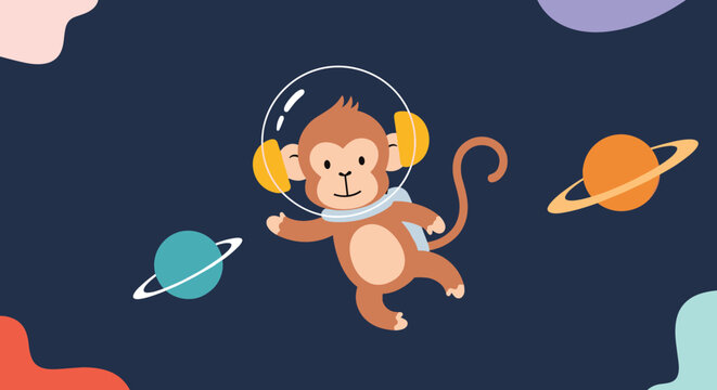 Cute monkey wearing a space helmet and suit floats among colorful planets and stars in a vast dark blue universe background.