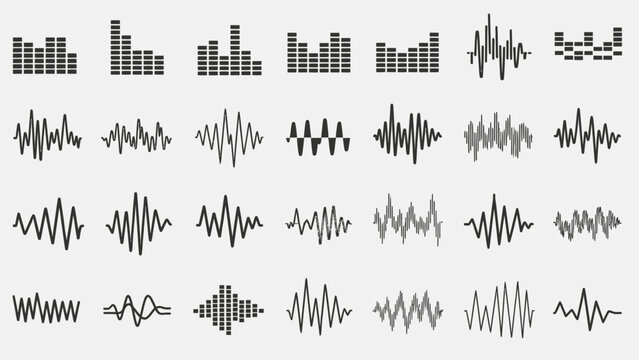 A collection of diverse audio waveform and equalizer visualizations, showcasing various sound patterns and frequencies.