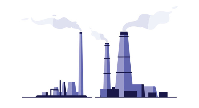 Large industrial factory complex with tall chimneys emitting smoke represents manufacturing, energy production, and urban pollution.