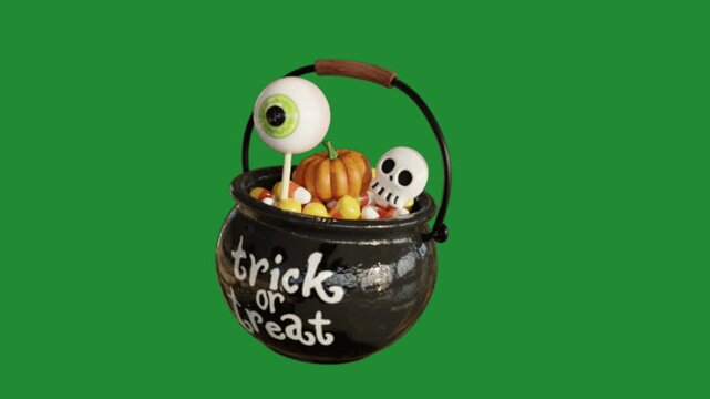 Halloween trick or treat candy cauldron with pumpkin eyeball and skull animation on green screen background