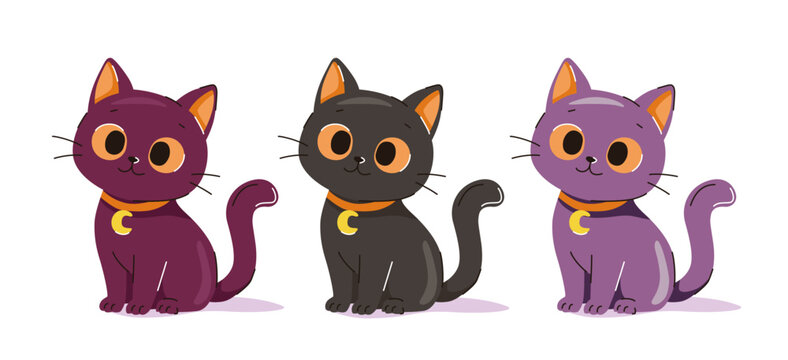Cute cat in various colors. Halloween concept. Flat vector illustration on a white background.