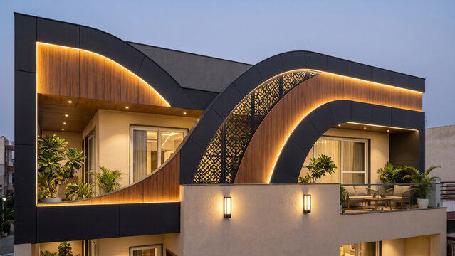 Designer Terrace Facade
"Premium designer terrace parapet with asymmetrical curves, wooden HPL cladding, hidden warm white LED strips, decorative lattice panel, modern pillar lights, black and beige c