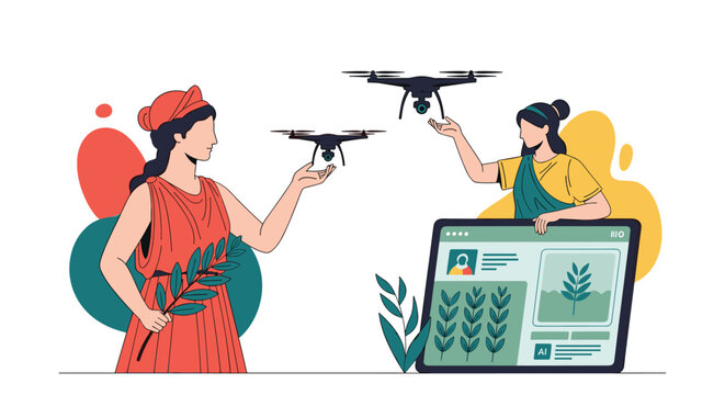 Ancient Greek goddesses integrate modern technology using agricultural drones and a tablet to manage crop growth.