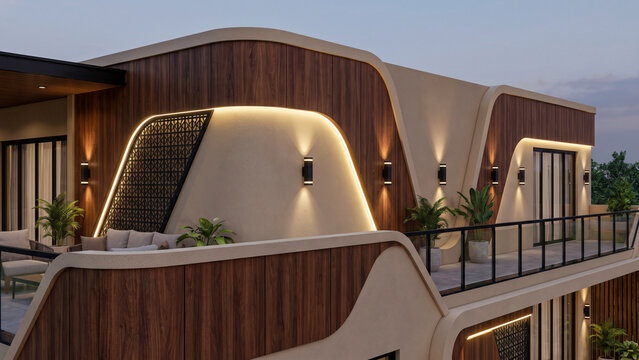 Designer Terrace Facade
"Premium designer terrace parapet with asymmetrical curves, wooden HPL cladding, hidden warm white LED strips, decorative lattice panel, modern pillar lights, black and beige c
