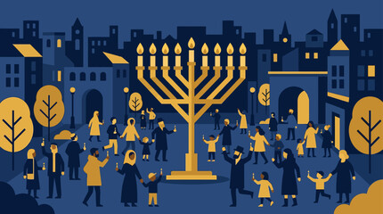 Hanukkah Celebration in City Square with Menorah and People Holding Candles © vector