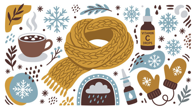 cold weather and health concept icons with scarf, mittens and vitamin drops for branding design in colorful illustration