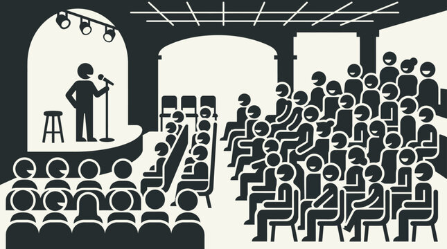 Stand-up comedy show in a dark club with audience laughing and performer on stage