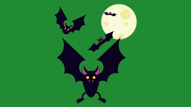 Cute cartoon bats flying around full moon on a green screen chroma key background