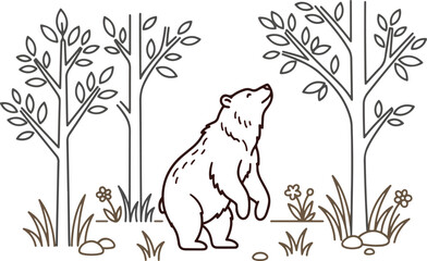 Obraz premium Bear standing on hind legs in a forest, minimalist line art vector illustration