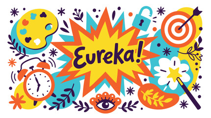 Fototapeta premium Inspiration and creativity vector icons with palette, clock and wand for presentation design in bright colorful style