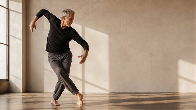 Mature man dancing in studio. Senior ballet dancer practicing contemporary dance movement. Artistic performance and creative expression. Healthy lifestyle in old age, athletic hobby