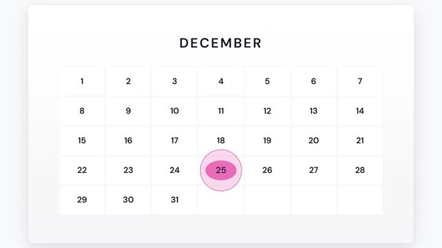Digital calendar interface showing selection of december twenty fifth date for holiday planning.