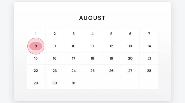 August calendar month view with moving circular animation highlighting date eight.