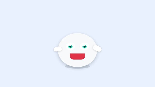 Animated white circle character with expressive facial features jumping on light blue background.