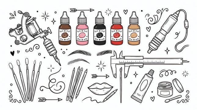 Set of playful hand drawn permanent makeup illustrations. Doodle drawings of pmu machines, pigments, microbrushes, calipers and numbing creams. Clean line art in retro style, isolated on white back
